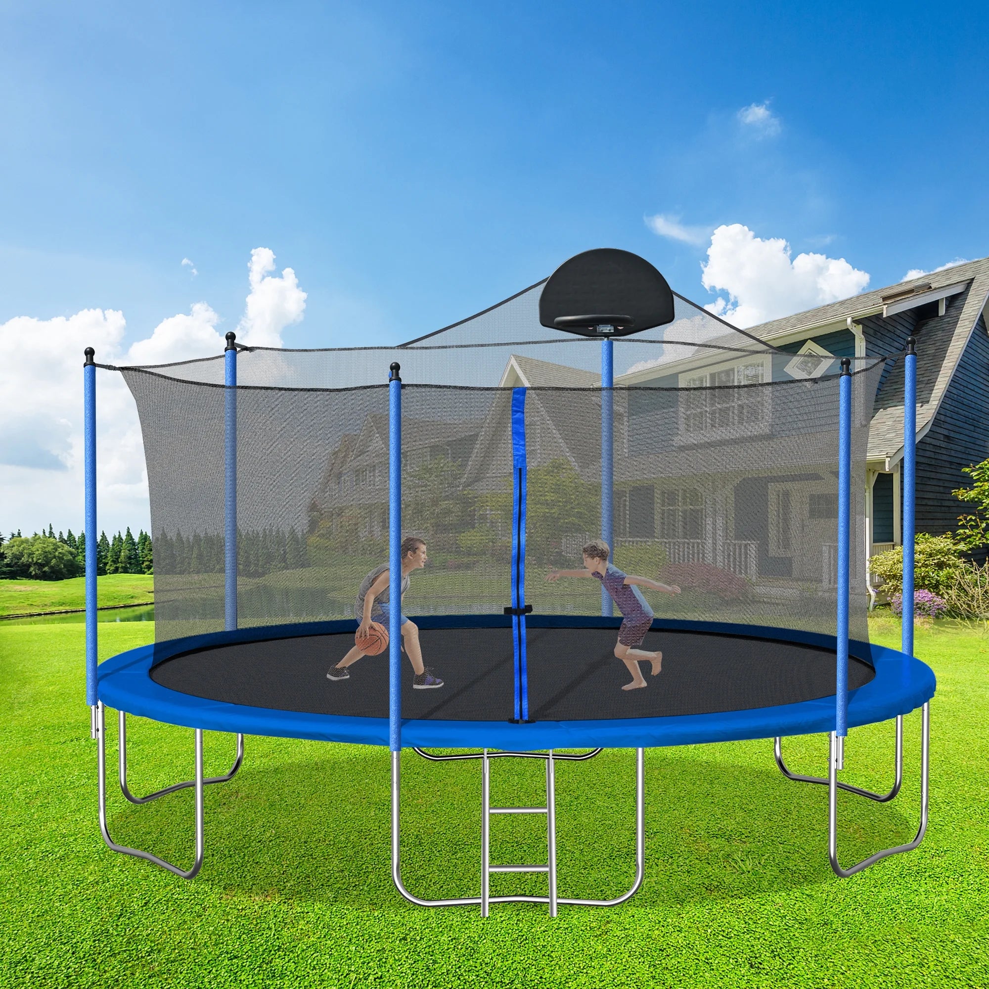 14FT Trampoline with Basketball Hoop, Safety Enclosure Net & Ladder, Blue P372189
