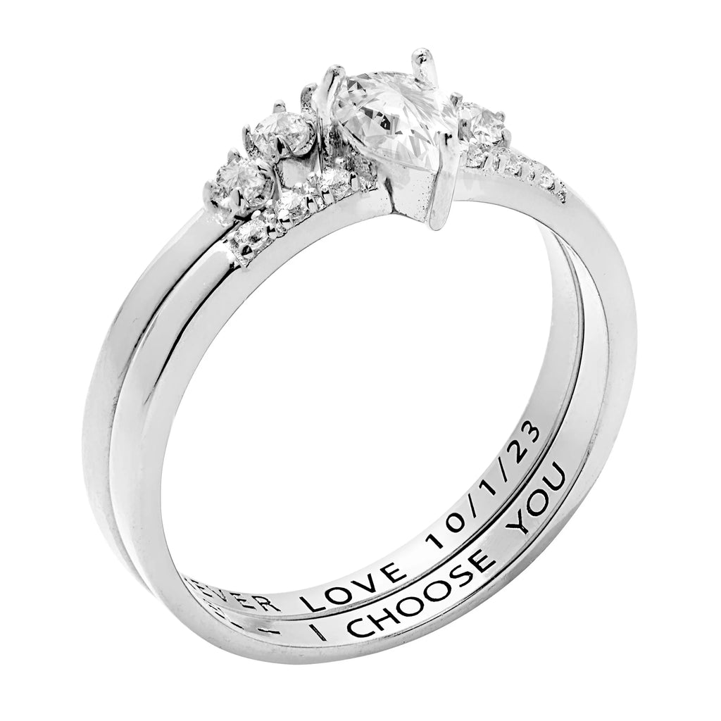 Pear White Topaz 2 Piece Engraved Wedding Set Z8931