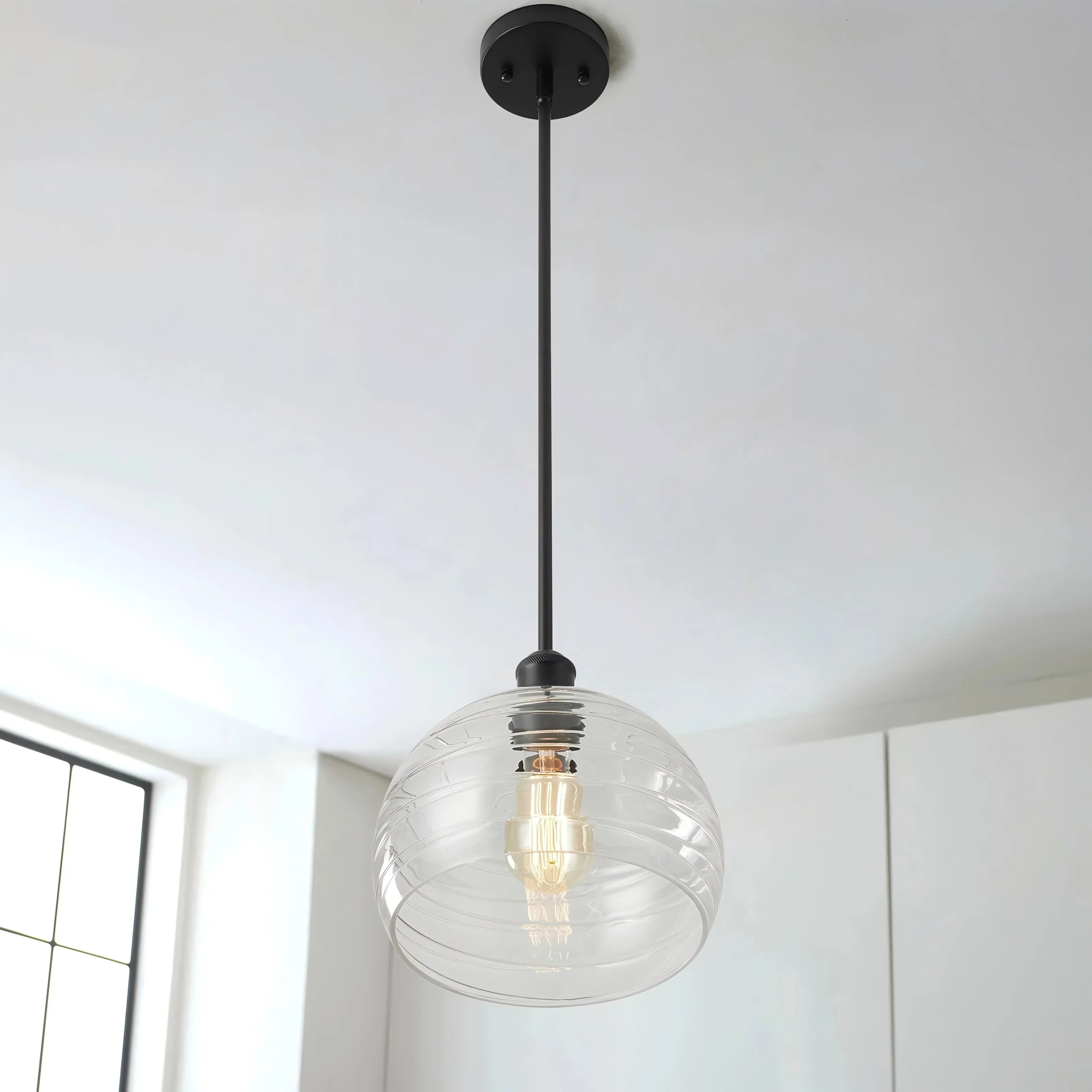 1-Light Dimmable Ribbed Glass Farmhouse Pendant U89860