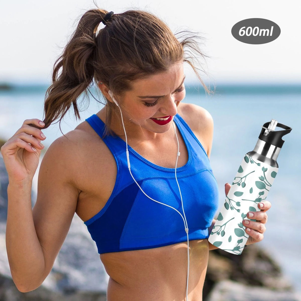 Blue Leaves Stainless Steel Insulated Water Bottle with Straw Lid H273