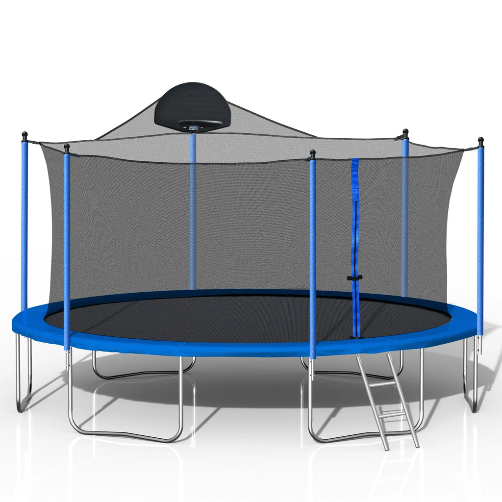 14FT Trampoline with Basketball Hoop, Safety Enclosure Net & Ladder, Blue P372189