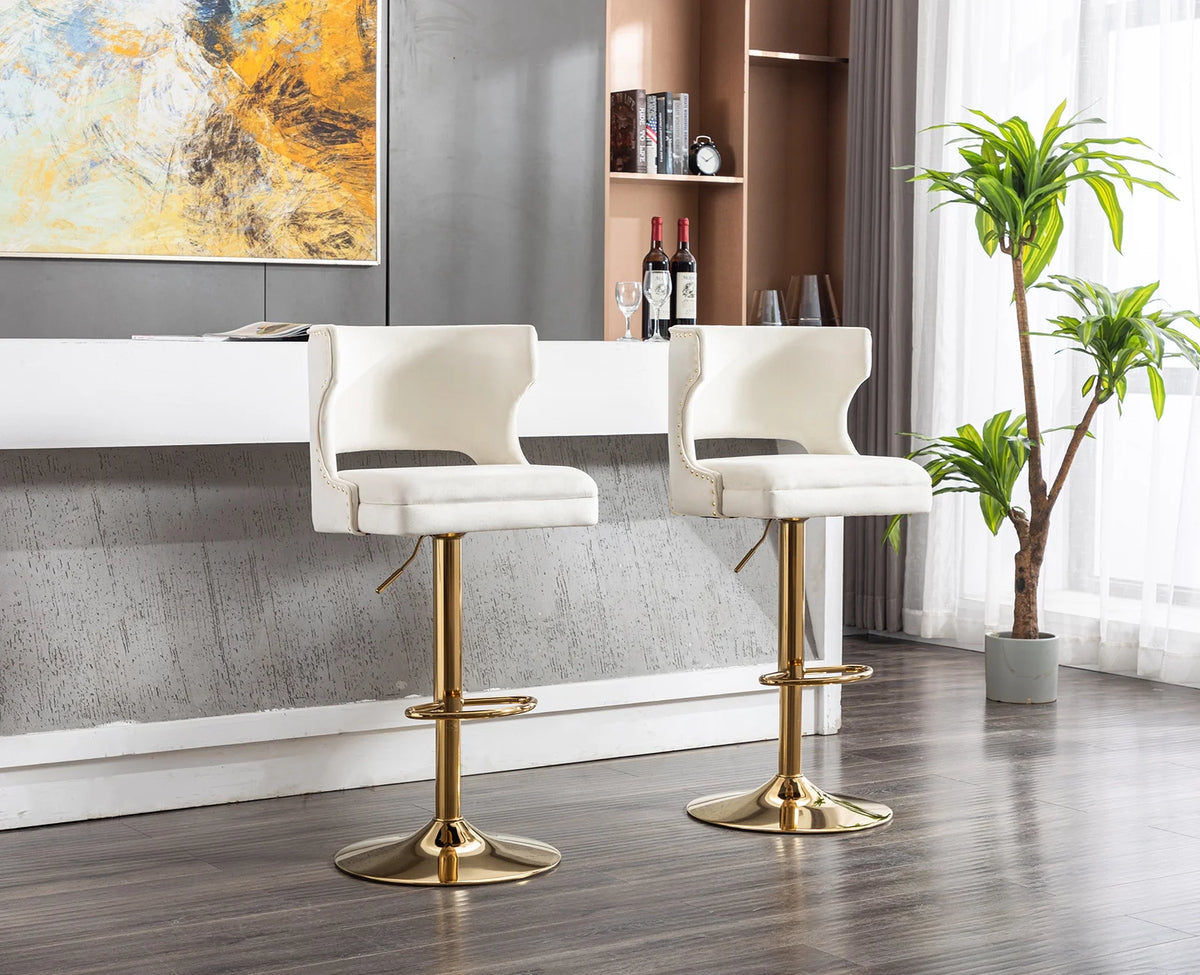 Beige Velvet Adjustable Height Swivel Bar Stool Set of 2 K5936