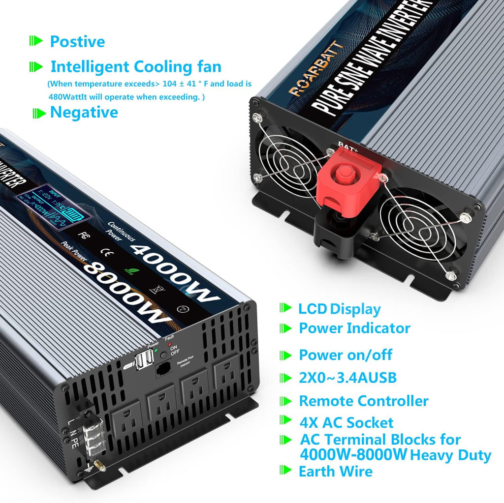 4000Watt 12V DC to AC 110V Power Inverter with Remote Control 4 AC Outlets Dual USB Port U7793