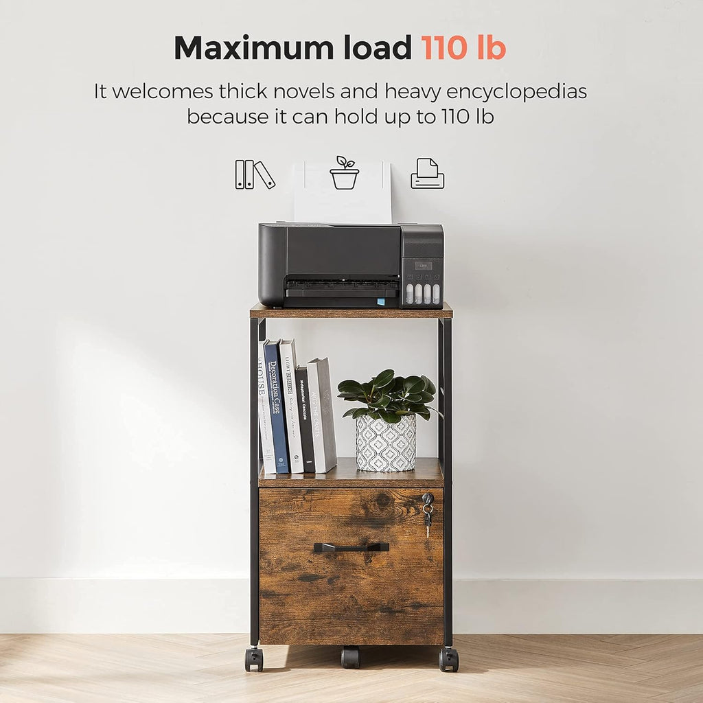 Rustic Brown and Black Rolling File Cabinet with Drawer and Lock Z331024