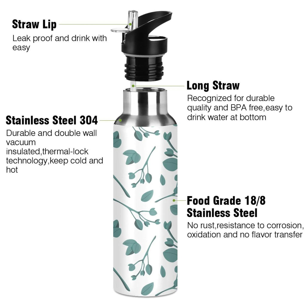 Blue Leaves Stainless Steel Insulated Water Bottle with Straw Lid H273