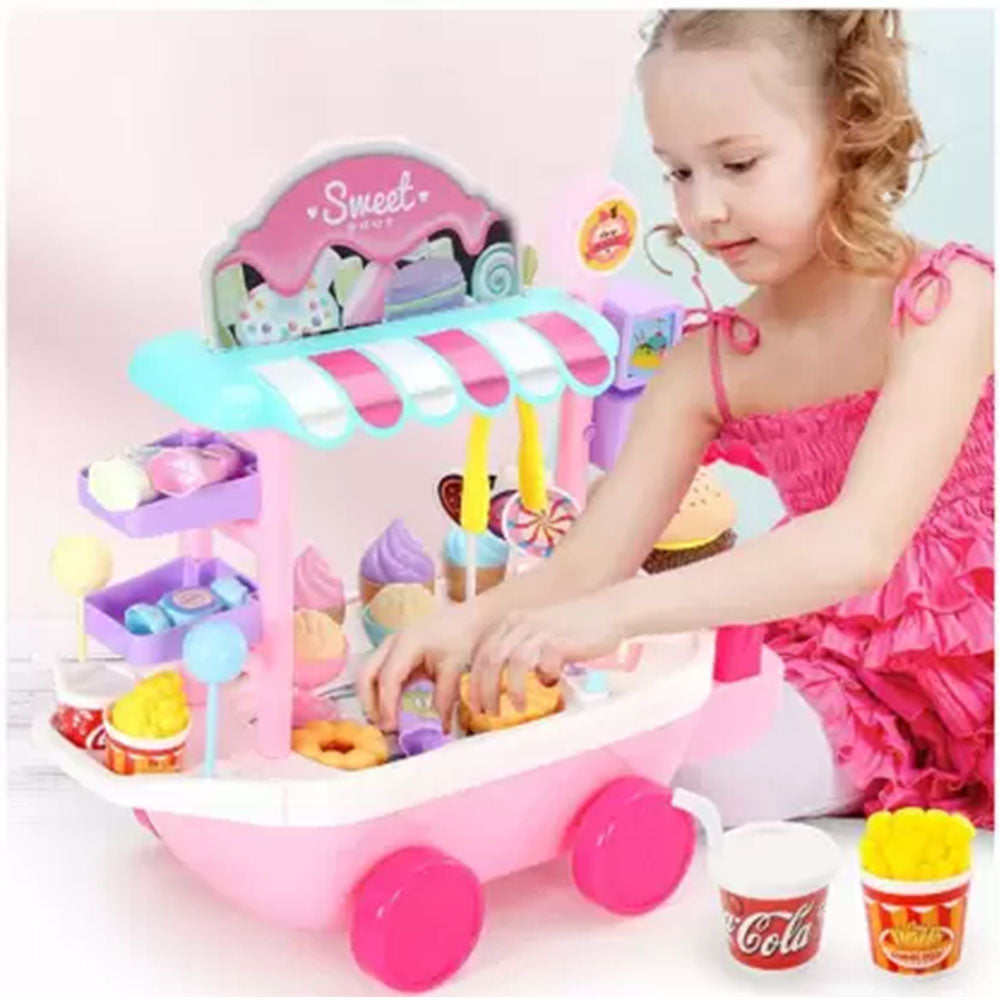 Dessert Candy Trolley Kitchen Toy Set with Umbrella Food Dishes Q30844