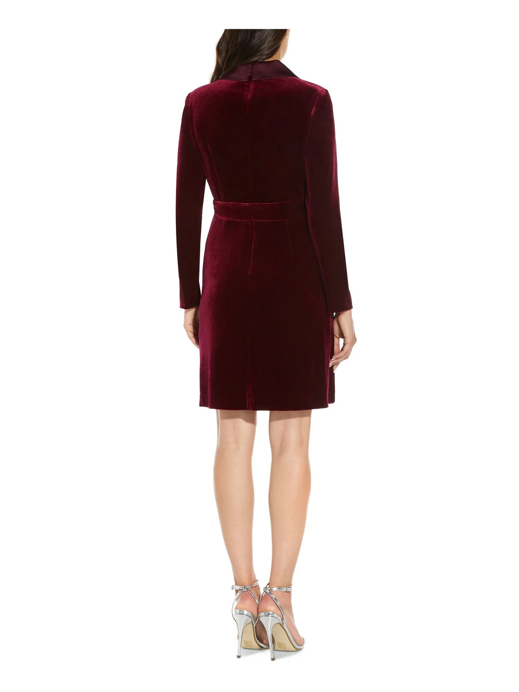 Burgundy Tie Velvet Tuxedo Satin Collar Long Sleeve V Neck Knee Length Evening Faux Wrap Dress E7364