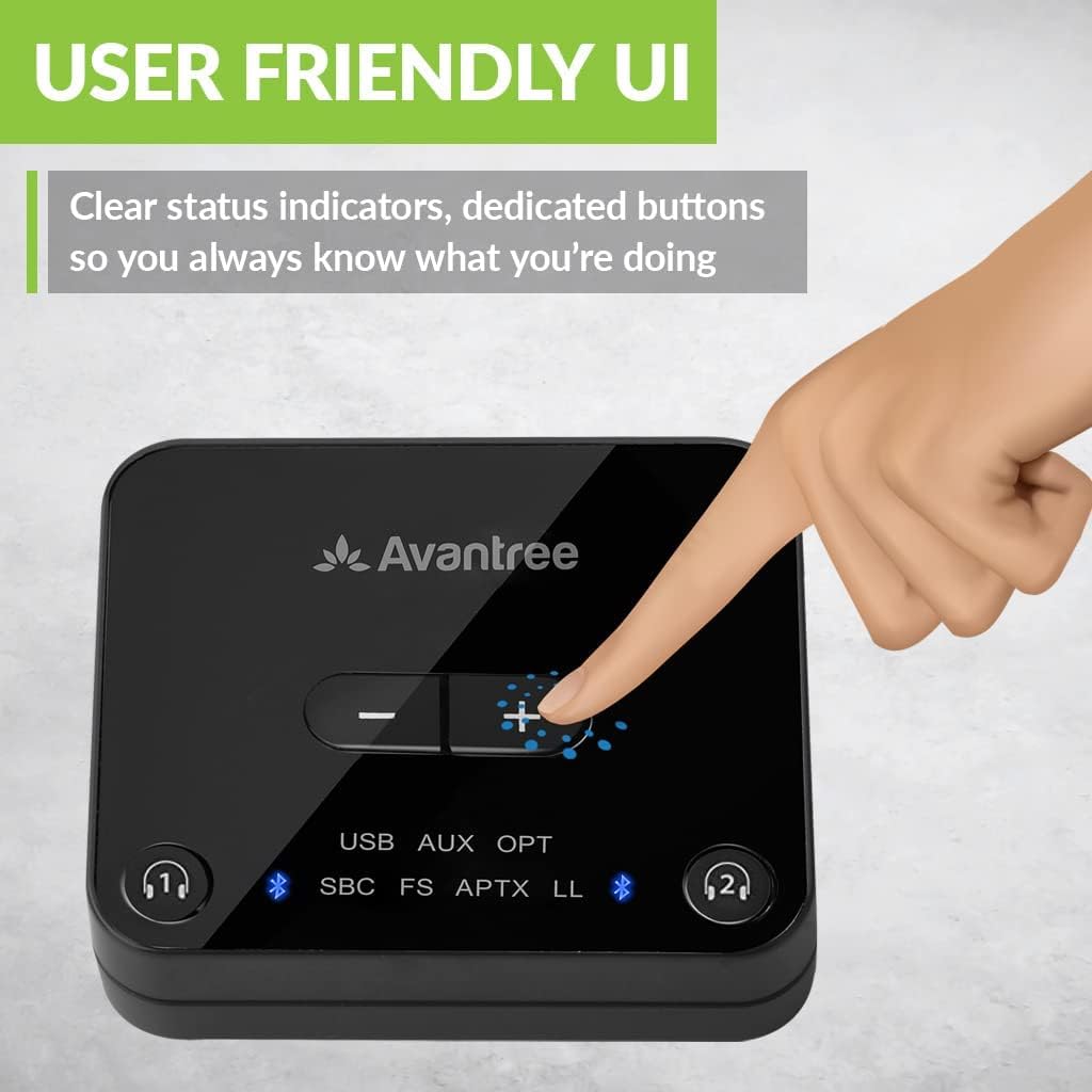 Bluetooth 5.0 Transmitter for TV with Volume Control, aptX Low Latency Audio Adapter for 2 Headphones, Class 1 Long Range 100ft, Pack of 2 H74920