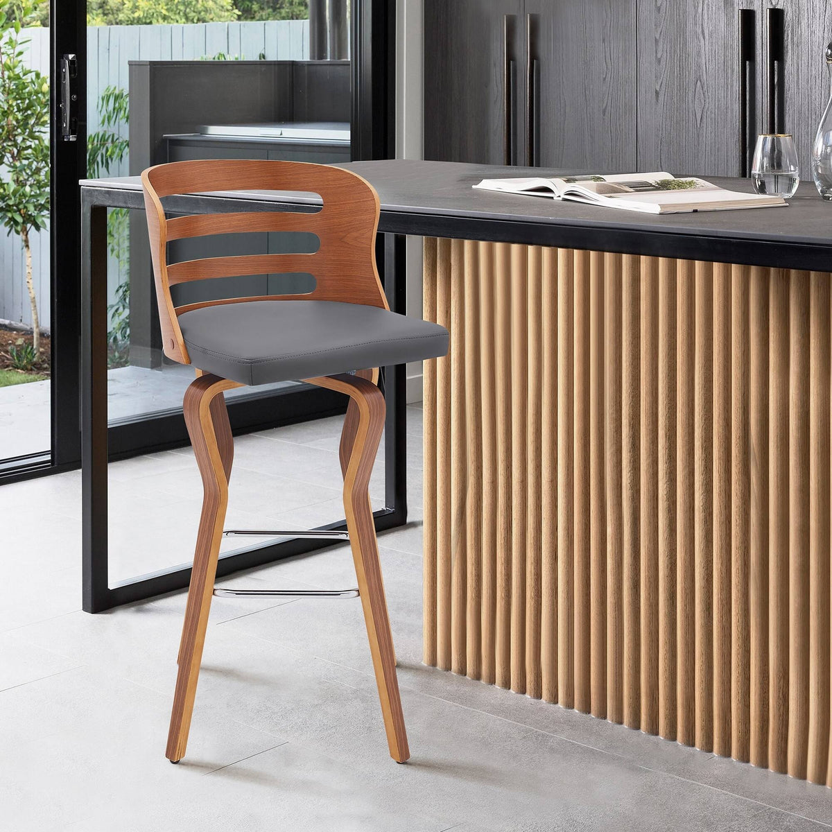 Swivel Cream Faux Leather and Walnut Wood Bar Stool C408450