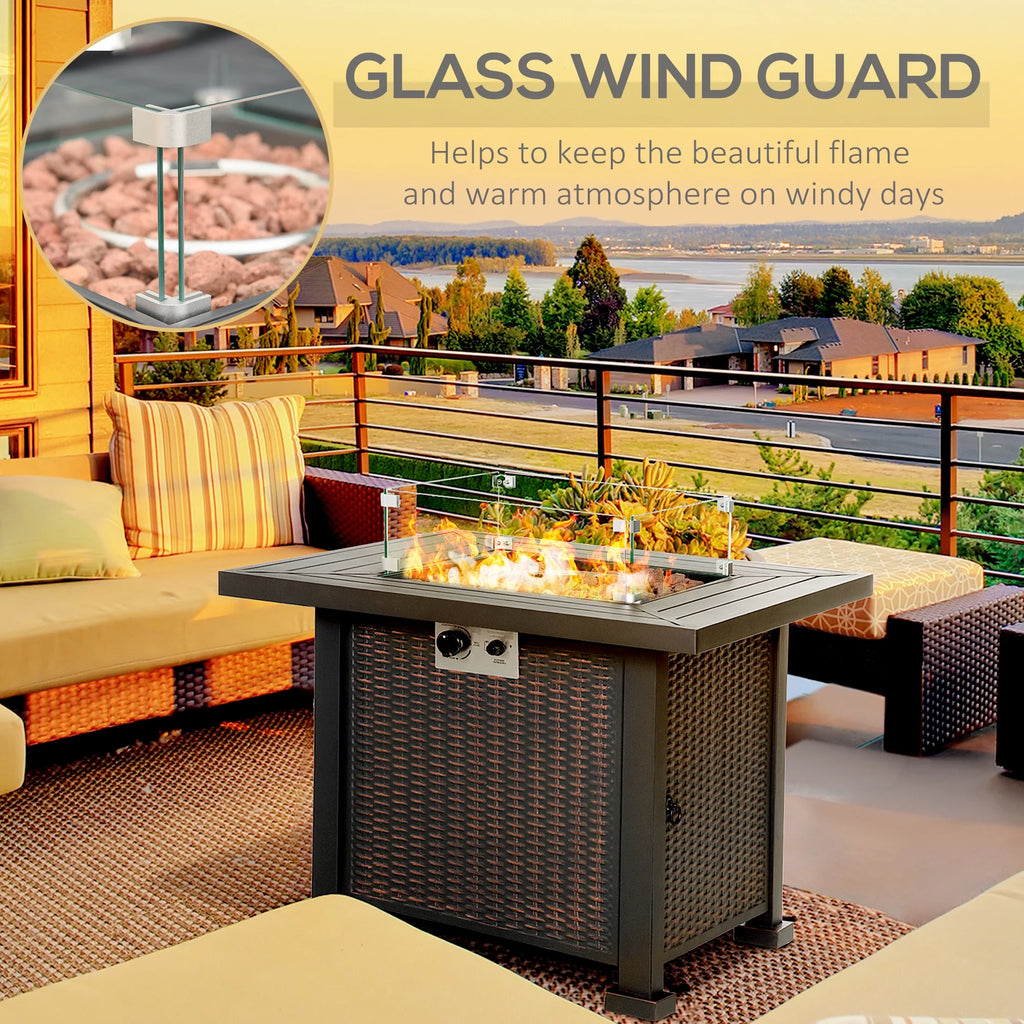 34 Inch Outdoor Propane Gas Fire Pit Table with Glass Wind Guard, Lid, Lava Rocks, Steel Base R39670