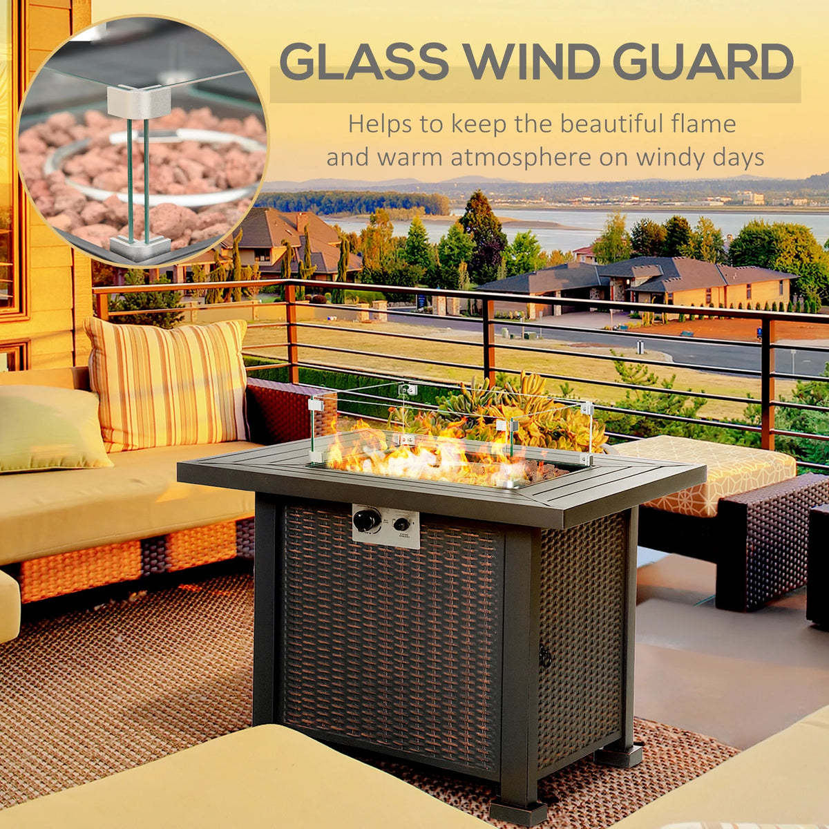 34 Inch Outdoor Propane Gas Fire Pit Table with Glass Wind Guard, Lid, Lava Rocks, Steel Base R39670