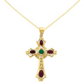 14 Karat Ruby and Emerald Cabochon Cross Pendant with 18-inch Chain H916600