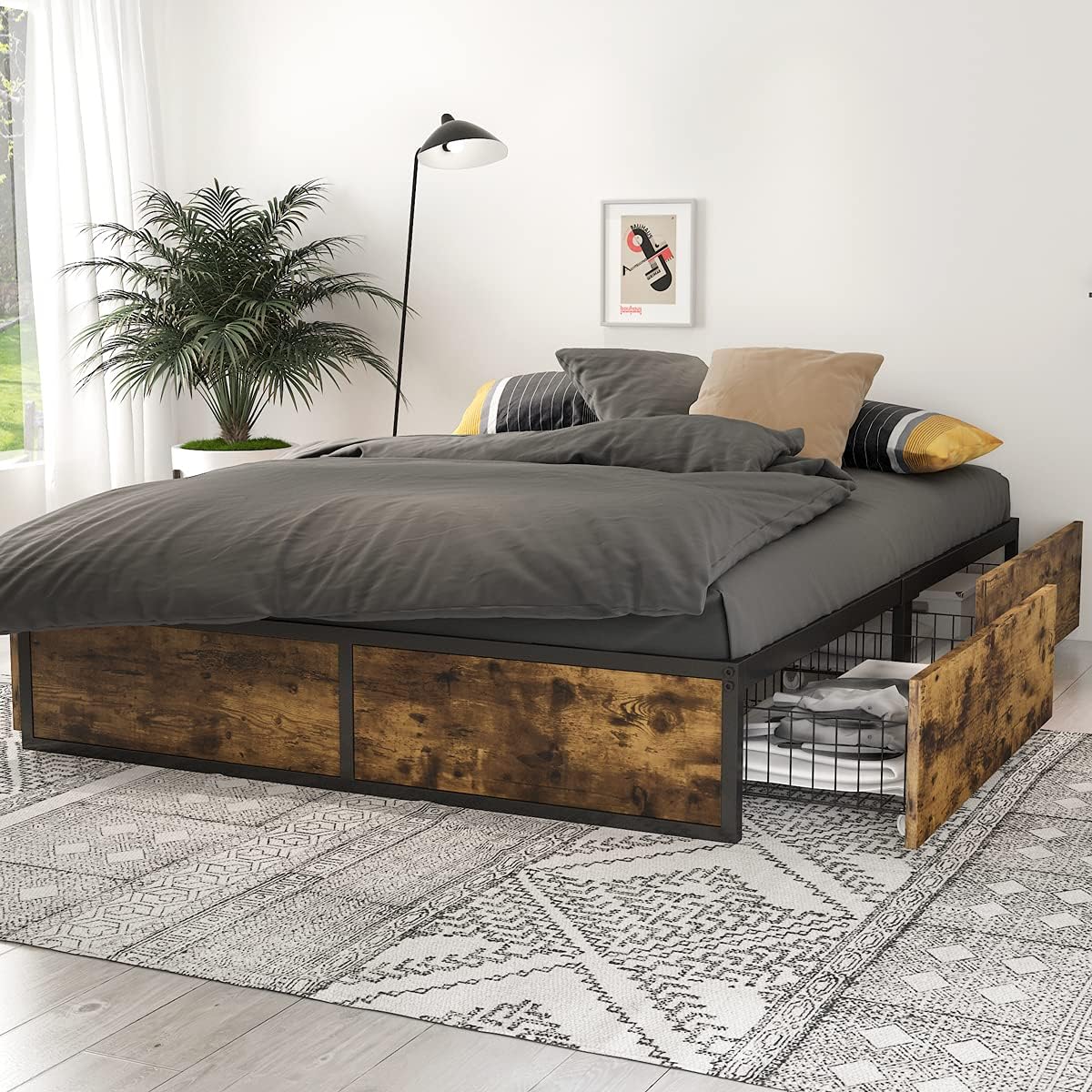 Industrial Full Size Metal Frame Bed with 4 Drawers A4882