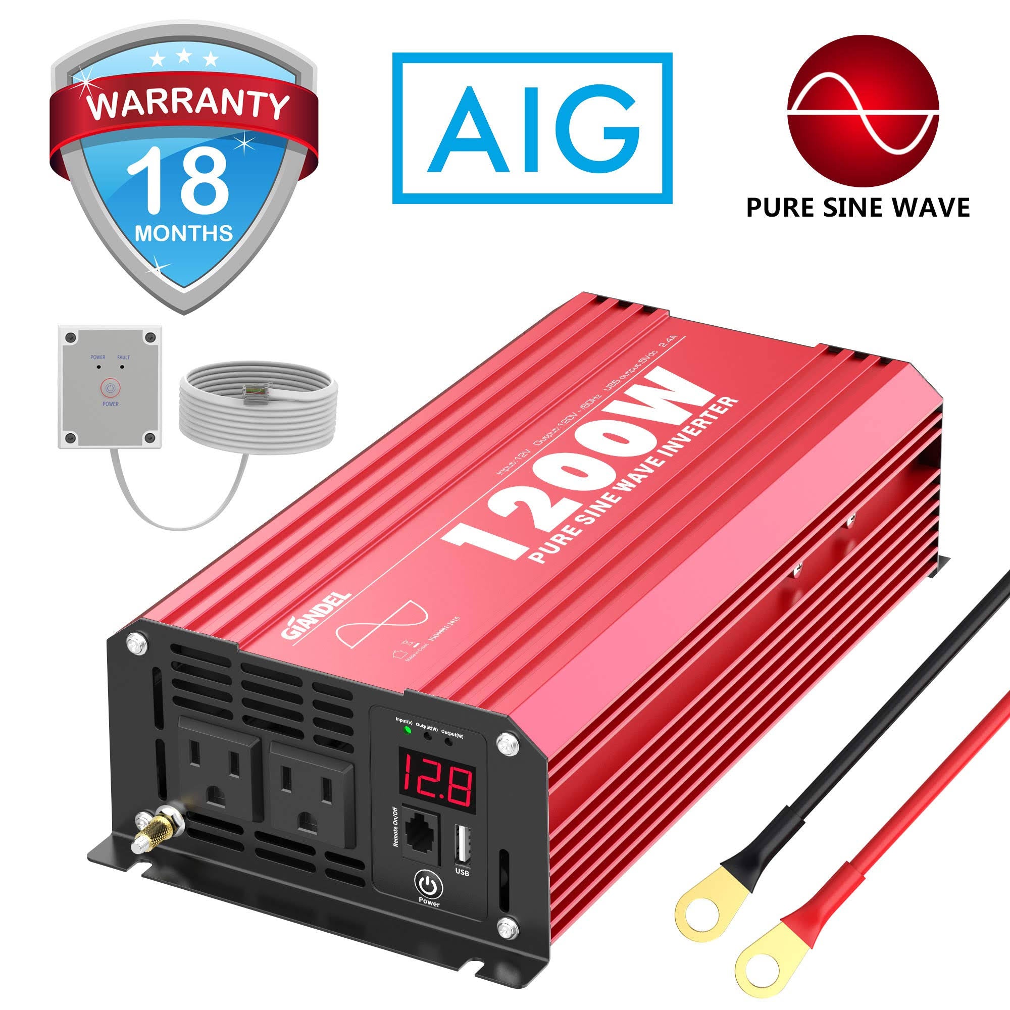 1200W Pure Sine Wave Power Inverter DC 12V to AC 120V with Remote Control USB Port LED Display M6829