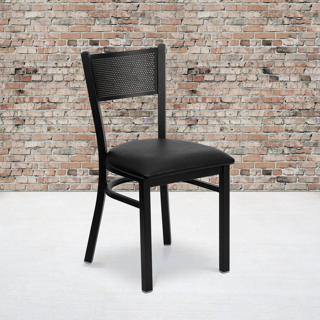 Black Grid Back Metal Restaurant Chair with Black Vinyl Seat X745693