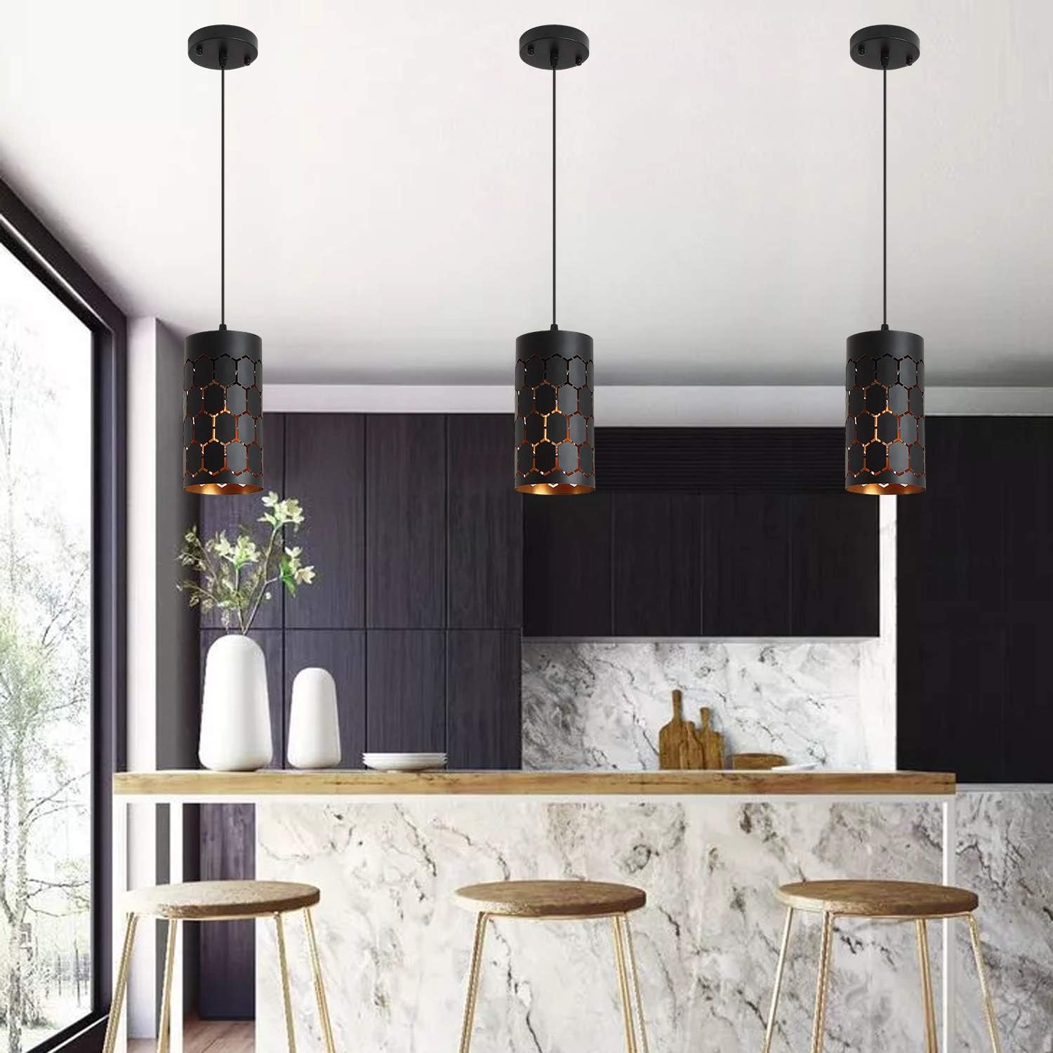 3-Light Kitchen Island Pendant Light Fixture, Gold Inner and Black U73419