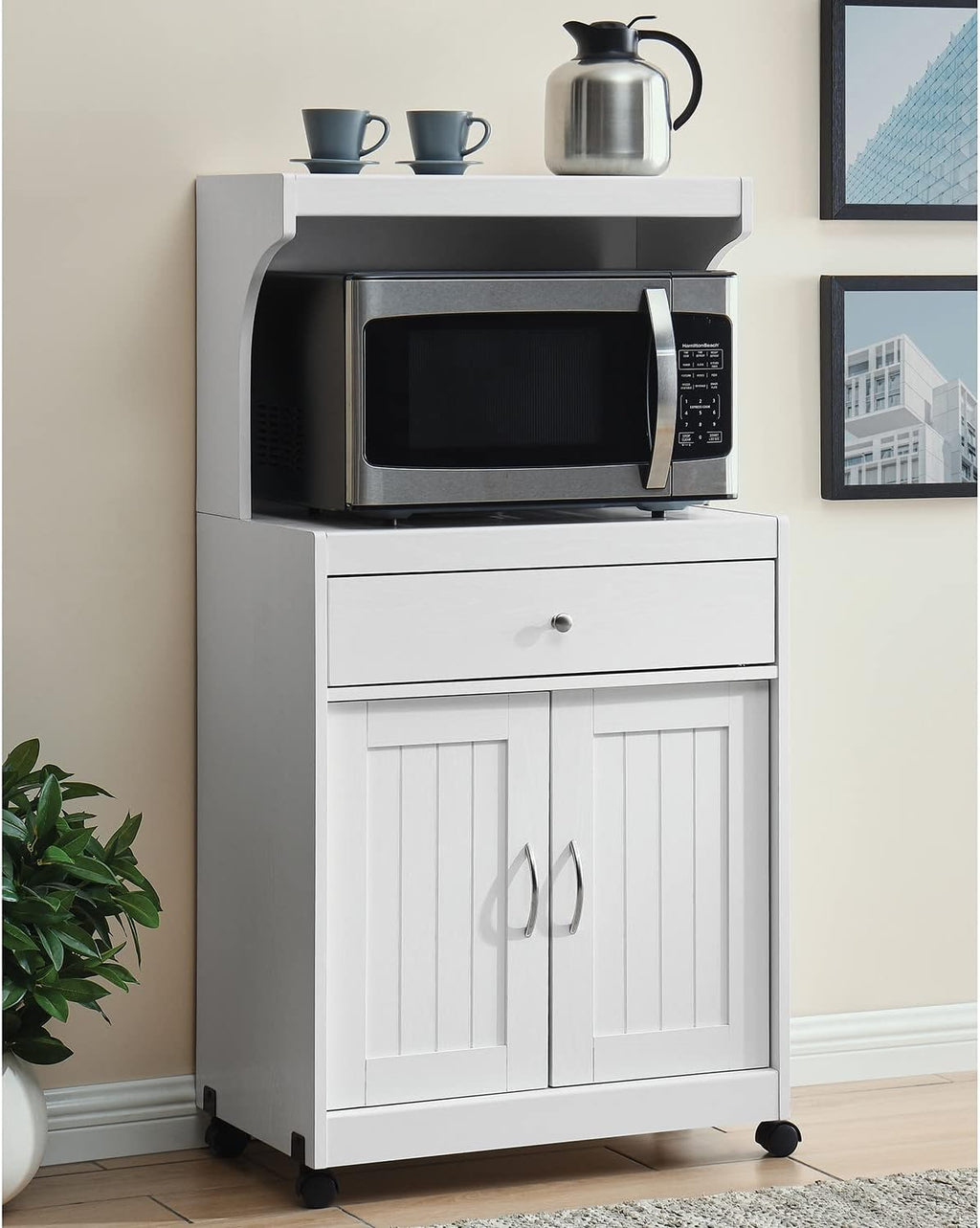 White Microwave Cart with Double Door Cabinet, 1 Drawer, and Top Shelf A34503