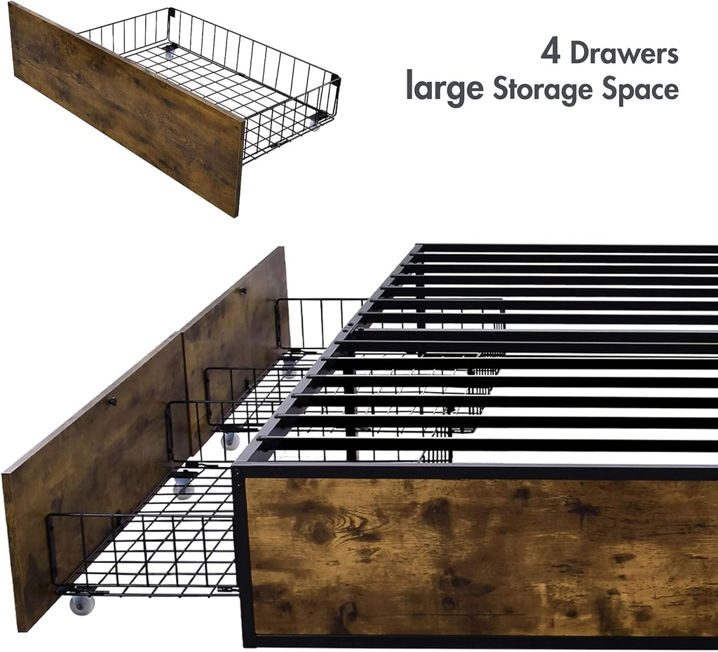 Industrial Full Size Metal Frame Bed with 4 Drawers A4882