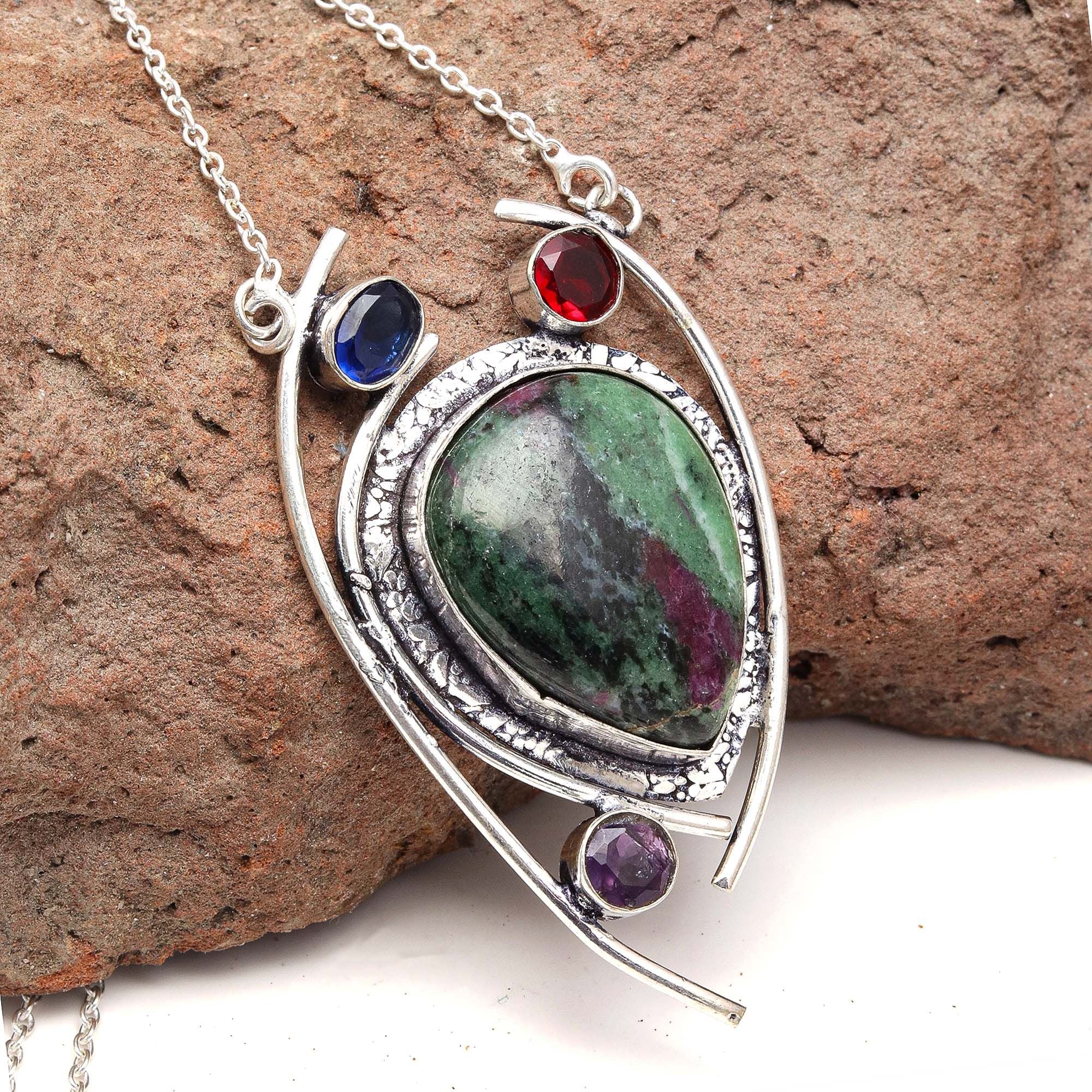 Ruby Zoisite 925 Silver Necklace 20 in F312