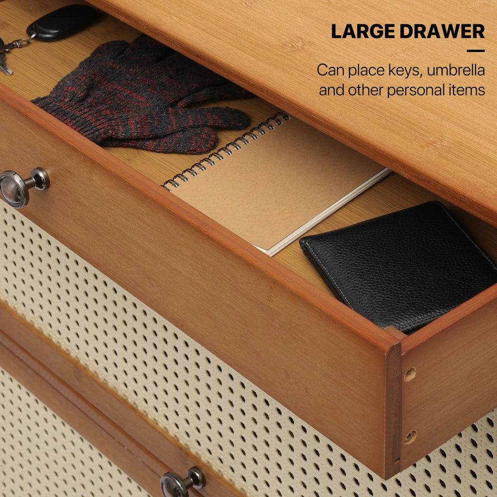 Bamboo 28 Pairs Shoe Cabinet with Rattan Doors and Boots Compartments B431