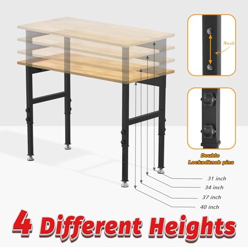 60" Adjustable Hard Wood Workbench with Power Outlets, Wheels and Drawer W356911
