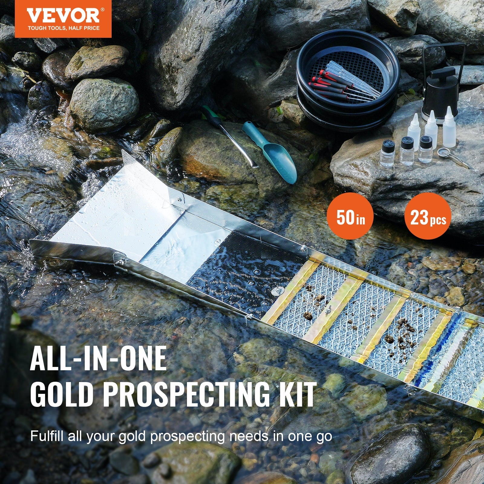 50" Folding Aluminum Alloy Sluice Box with 23 PCS Gold Prospecting Kit L2174