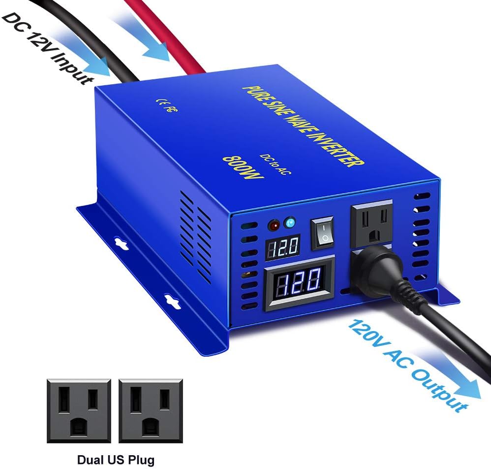 600W Pure Sine Wave Inverter 12v to 110v 120v dc to ac Dual US Plug R4471