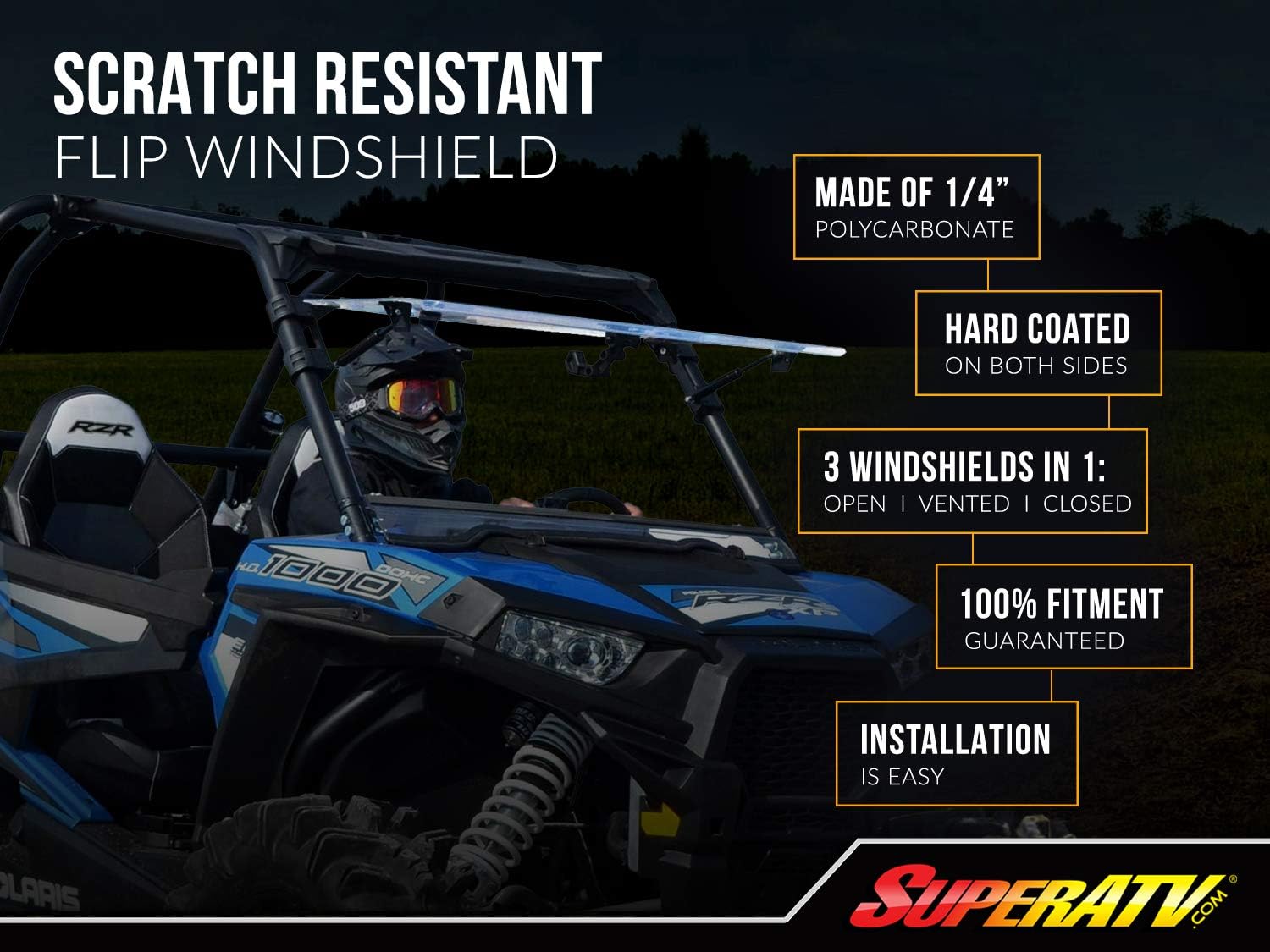 Scratch Resistant Flip Windshield for Yamaha Viking, 1/4” Polycarbonate O413607