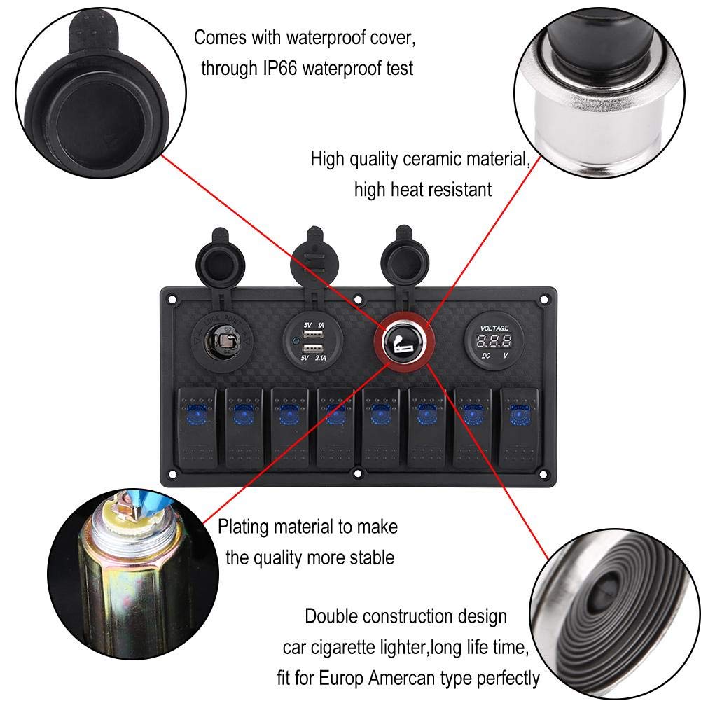 8 Gang Dual USB Voltmeter Cigarette Lighter Rocker Switch Control Panel E11593