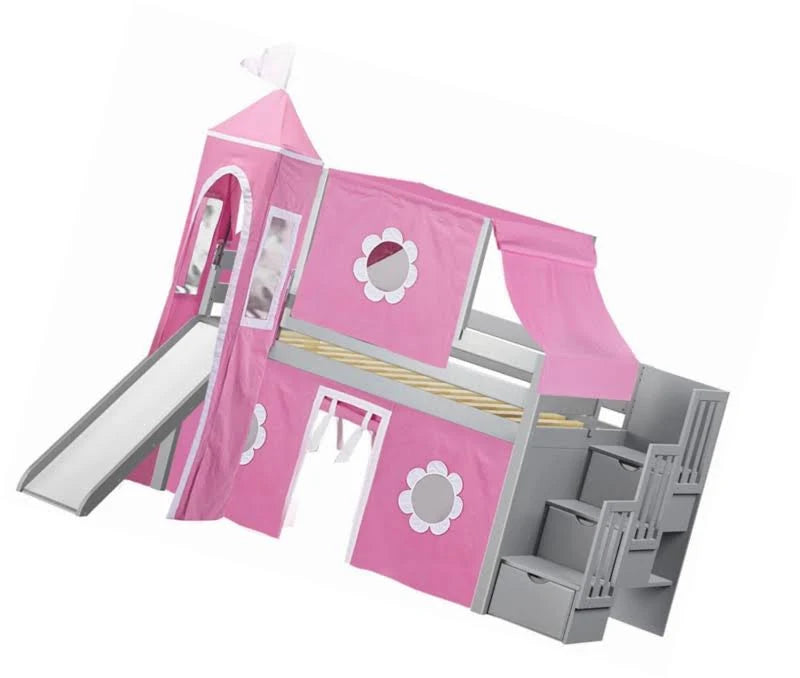 Pink & White Twin Loft Bed with Slide and Tent D535891