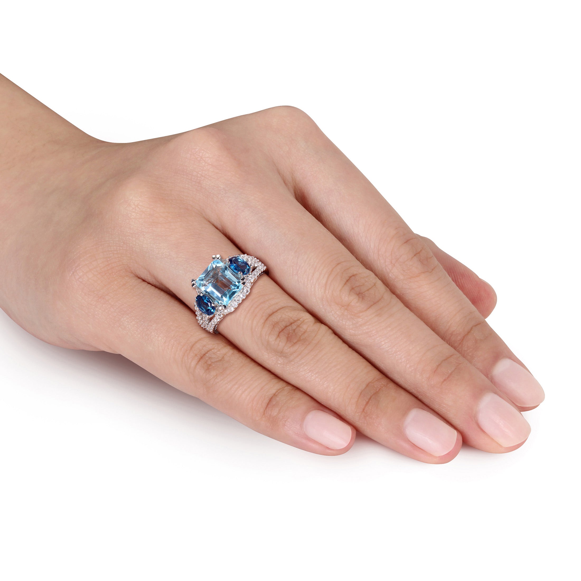 Oval & Octagon-Cut Sky & London Blue Topaz and Created White Sapphire Sterling Silver 3-Stone Ring K303628