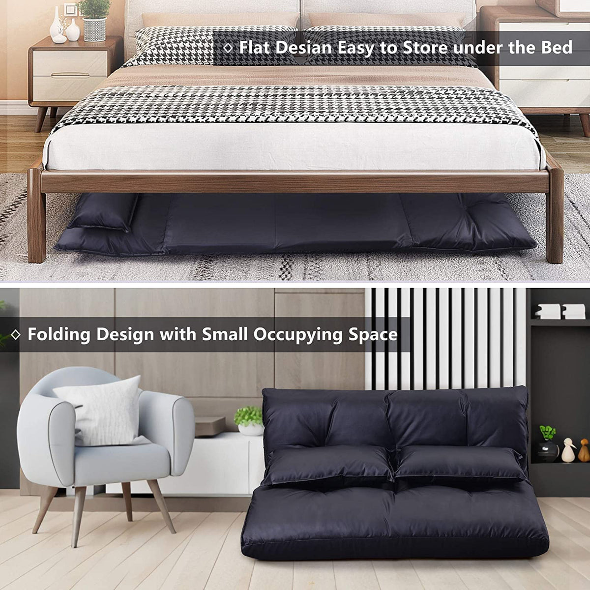 Adjustable Floor Sofa Bed with 2 Pillows, 5 Reclining Position, Black Z229957