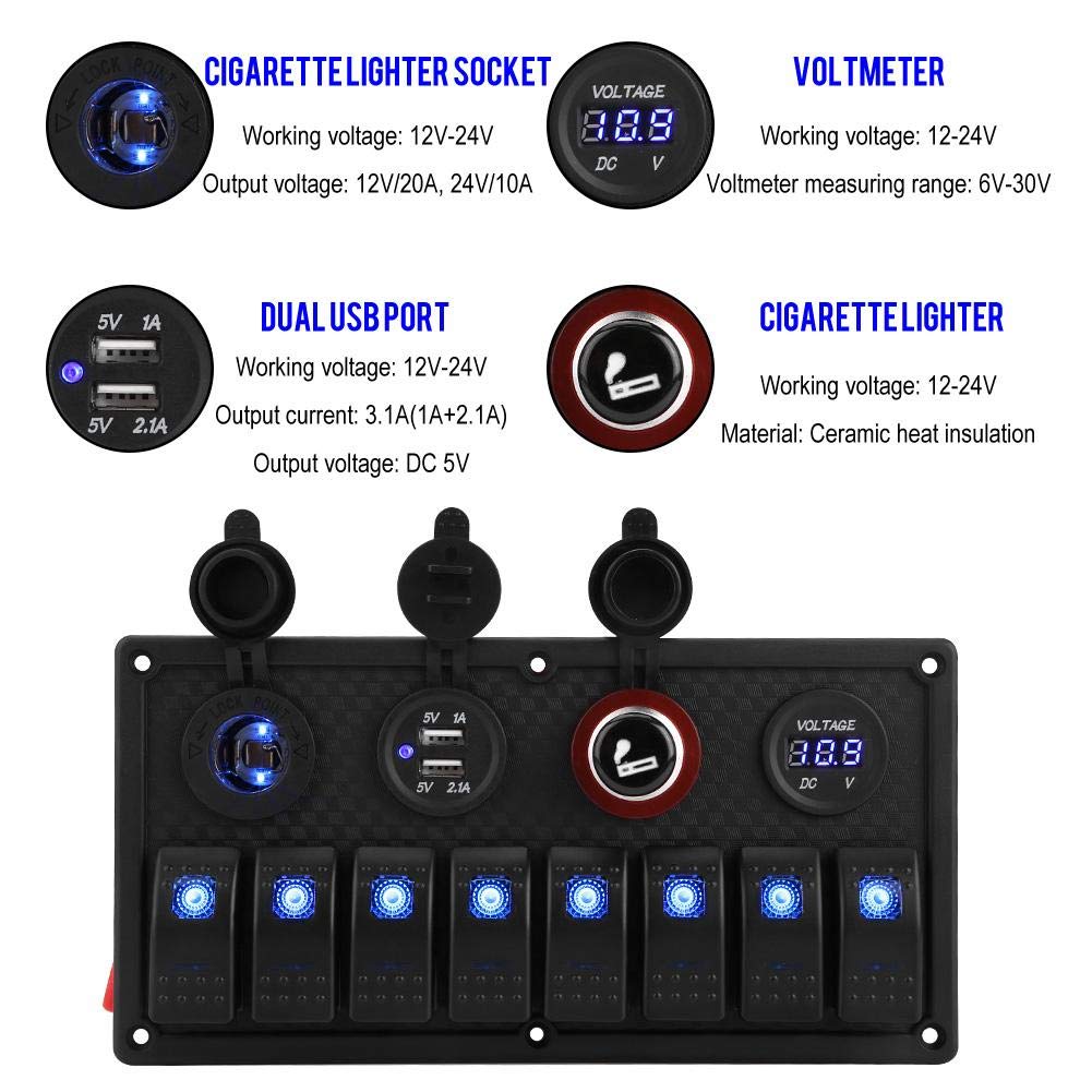 8 Gang Dual USB Voltmeter Cigarette Lighter Rocker Switch Control Panel E11593