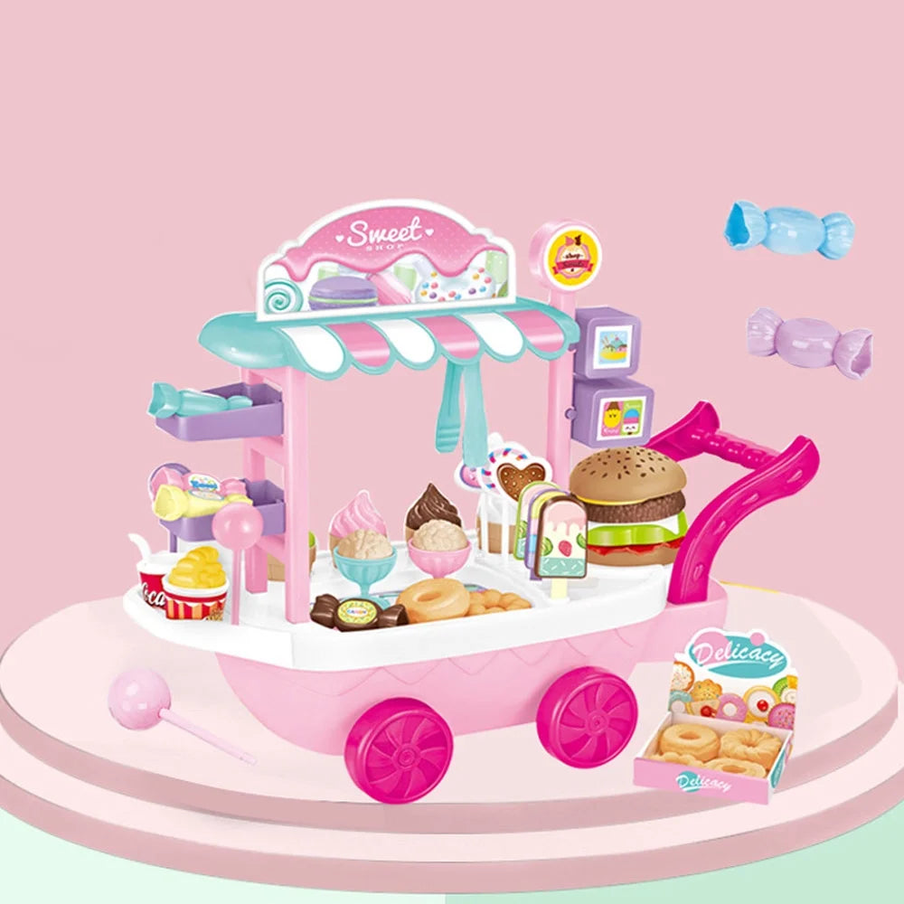 Dessert Candy Trolley Kitchen Toy Set with Umbrella Food Dishes Q30844