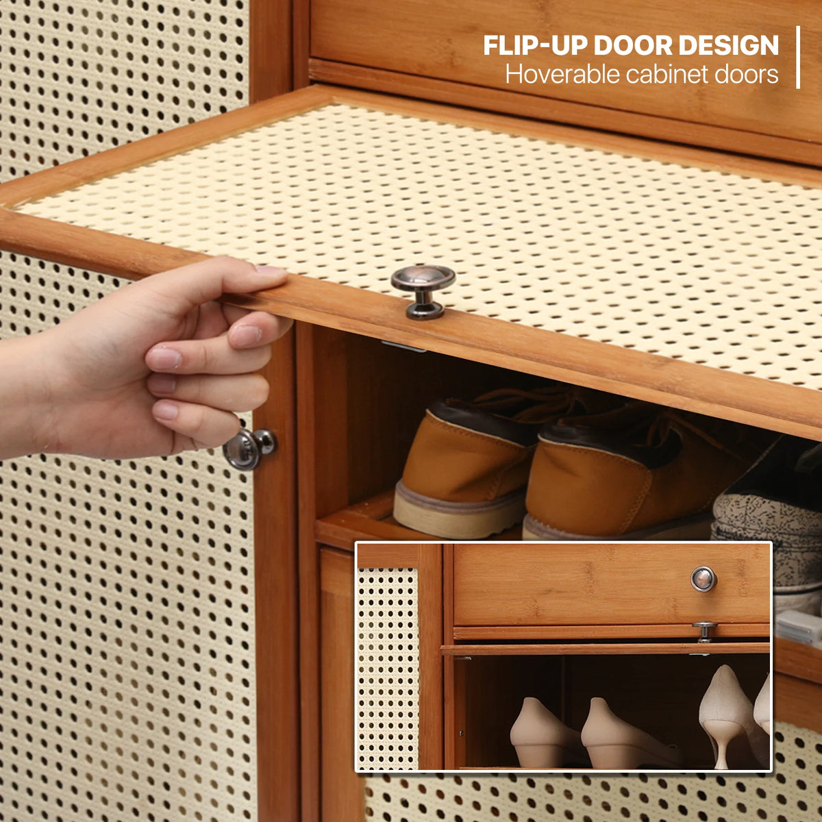 Bamboo 28 Pairs Shoe Cabinet with Rattan Doors and Boots Compartments B431