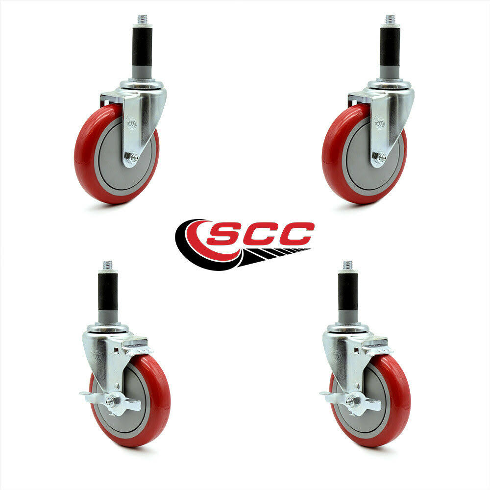 5 inch Red Polyurethane Swivel Expanding Stem Caster Set 2 Brake S9689