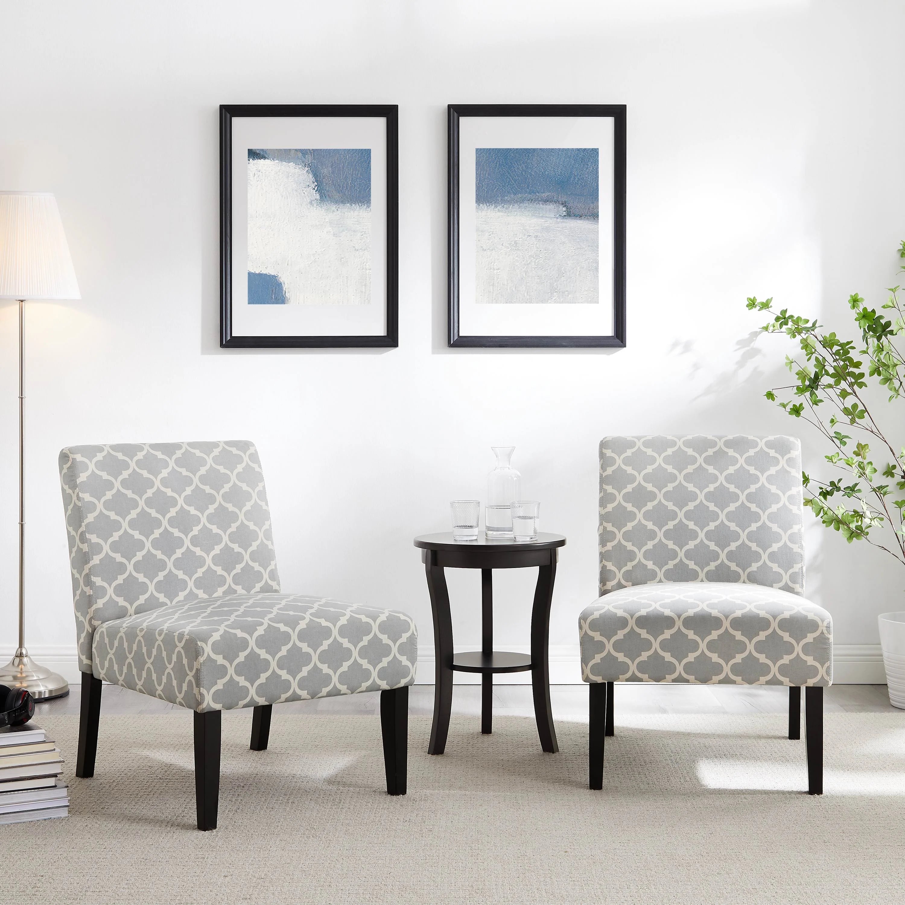 3pc Gray Fabric Upholstered Side Table and 2 Chairs X702
