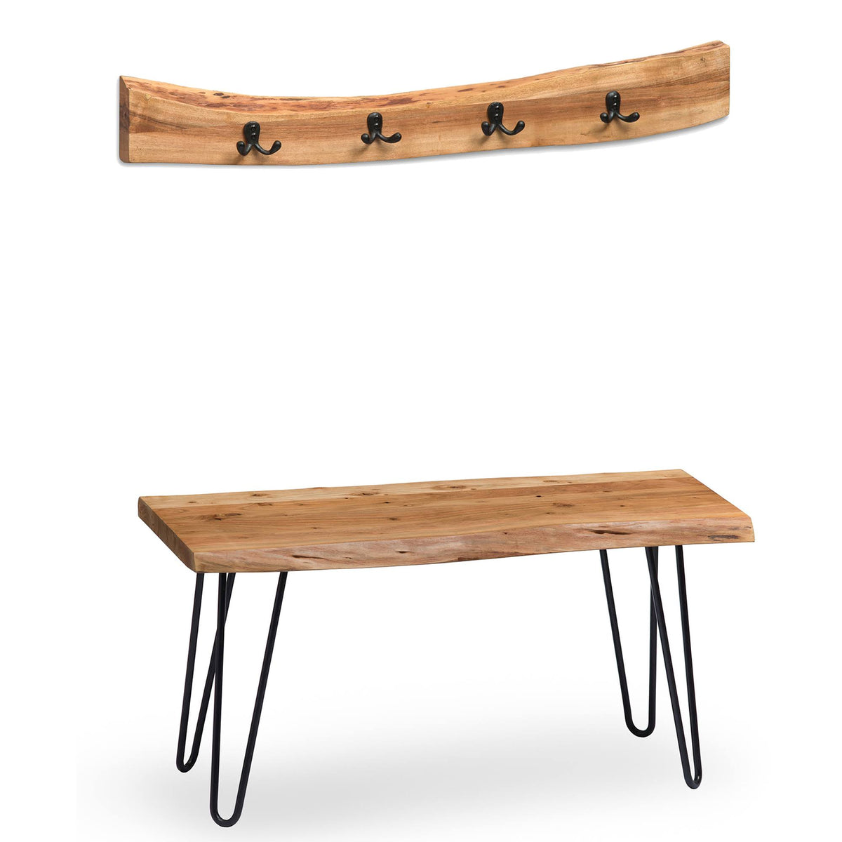 Hairpin Natural Live Edge Bench with Coat Hook Set Y89841