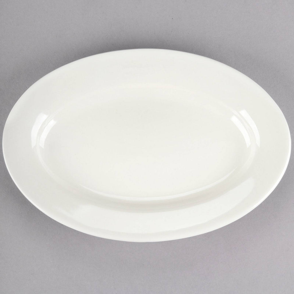 Ivory Wide Rim Rolled Edge Oval Stoneware Platter - 24/Case N7974