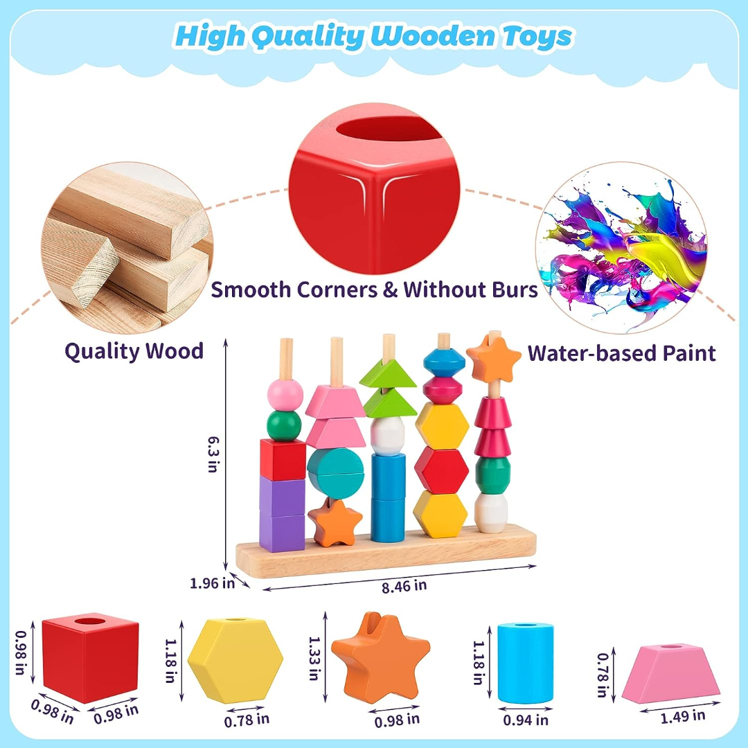 Wooden Bead Sequencing Toy Set Stacking Blocks Lacing Beads Matching Shape Colors Stacker Montessori Toys W17456
