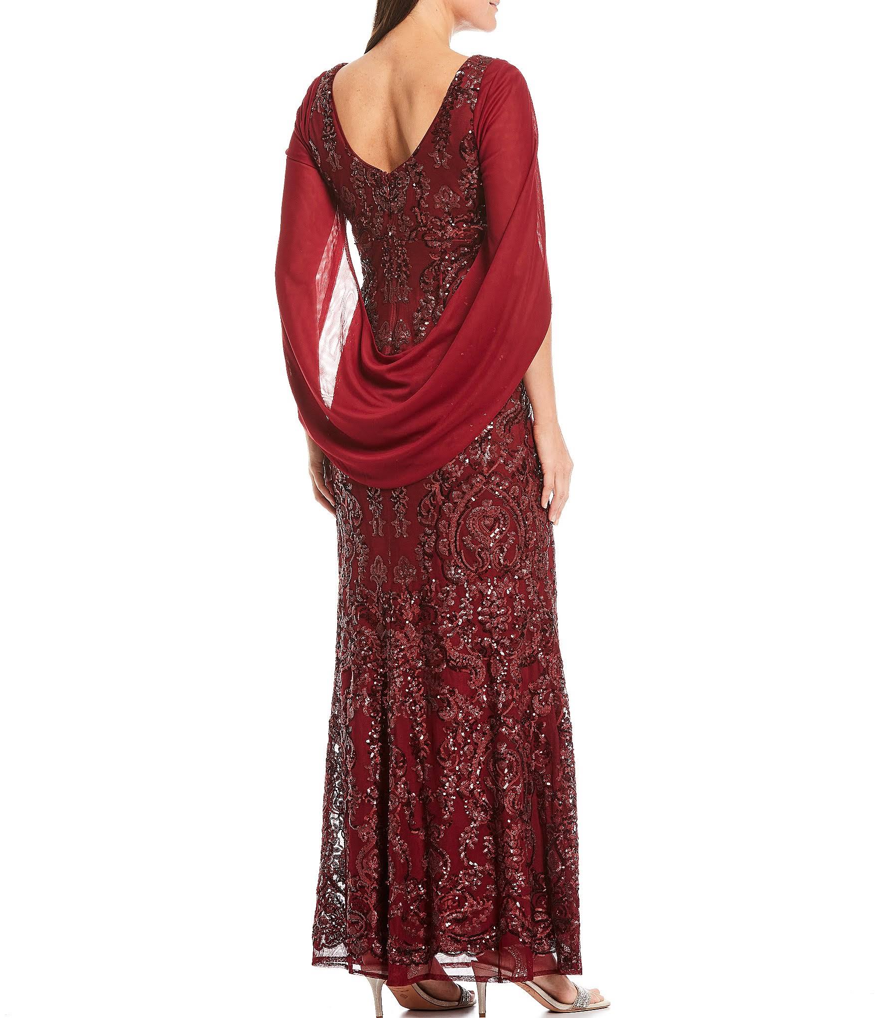 Navy Sequin Drape-Back Cape Gown A6218