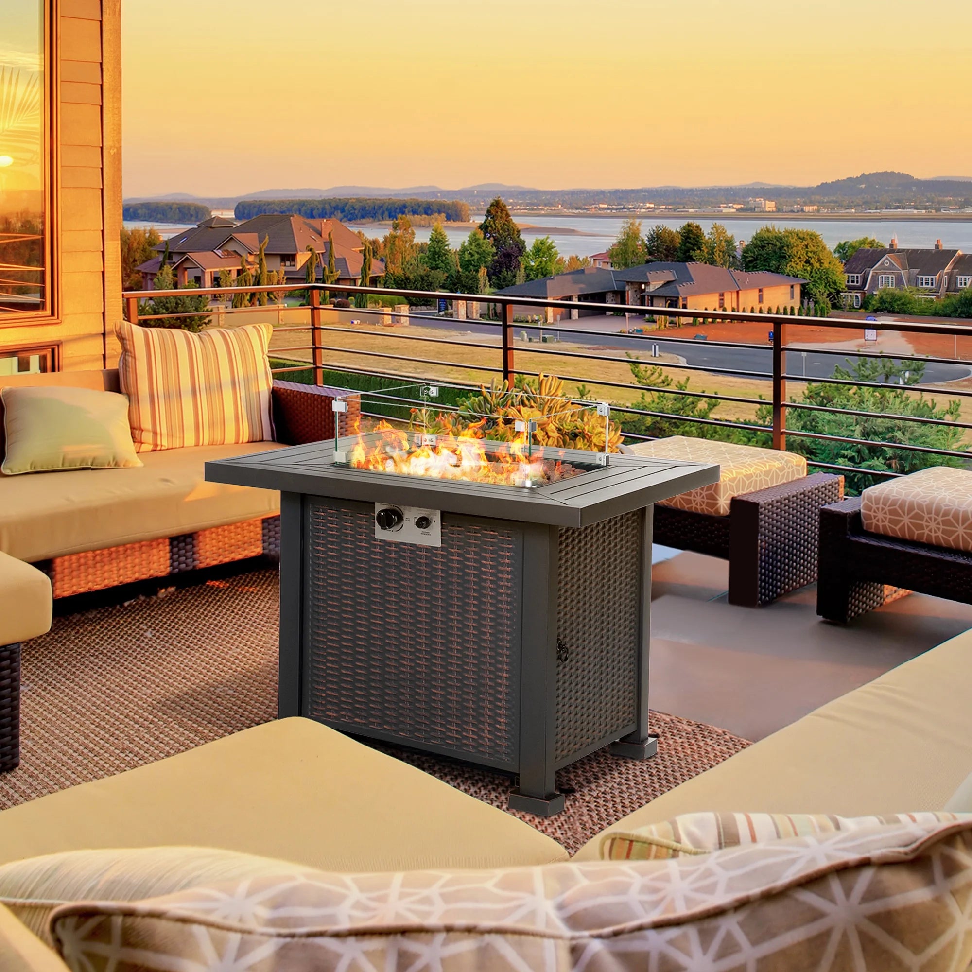 34 Inch Outdoor Propane Gas Fire Pit Table with Glass Wind Guard, Lid, Lava Rocks, Steel Base R39670
