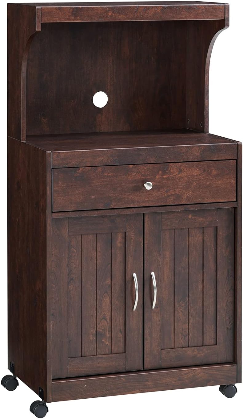 White Microwave Cart with Double Door Cabinet, 1 Drawer, and Top Shelf A34503