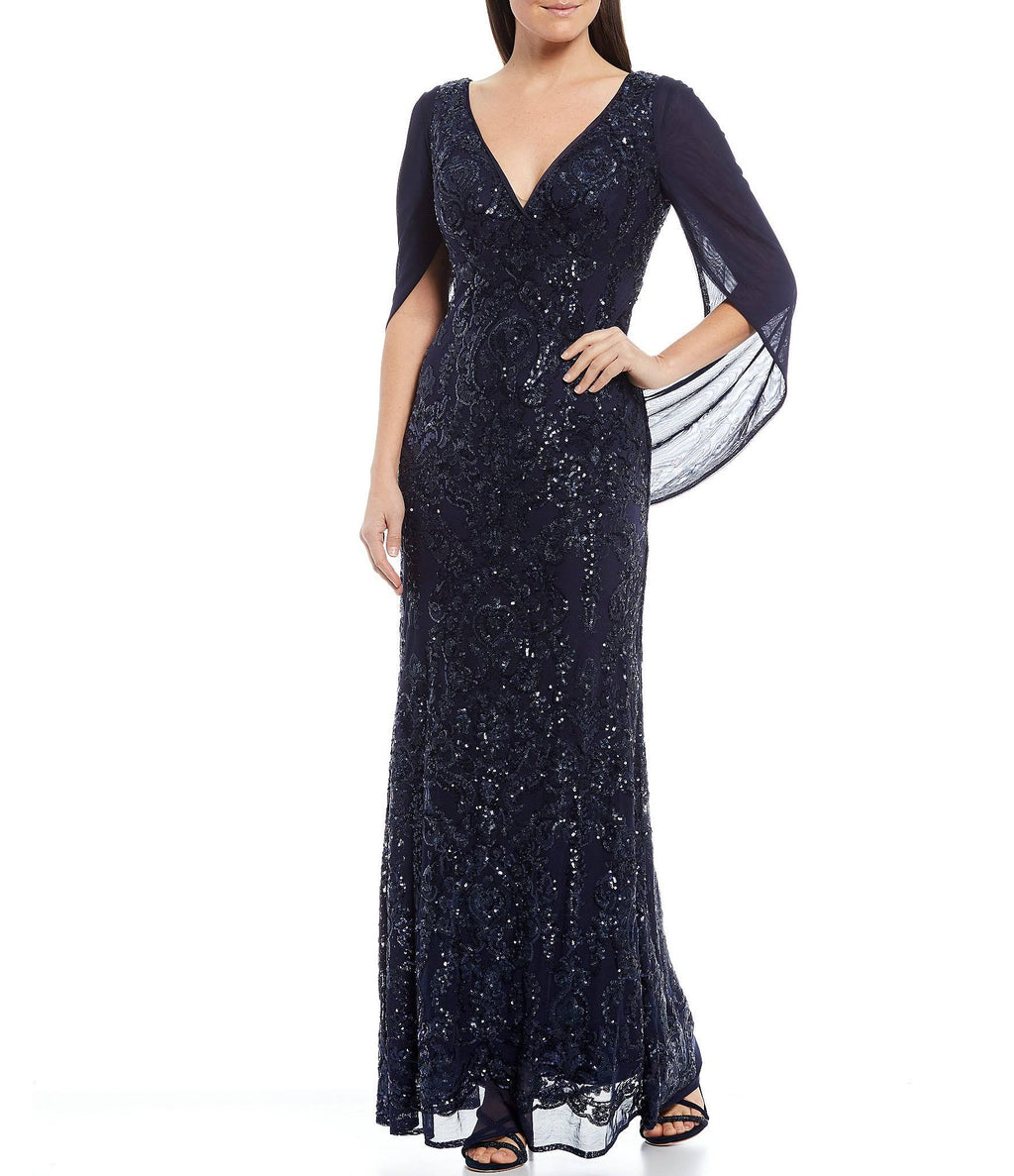 Navy Sequin Drape-Back Cape Gown A6218