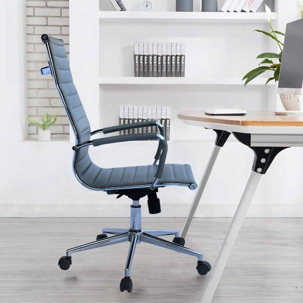 Grey Ribbed PU Leather High Back Office Chair M243856