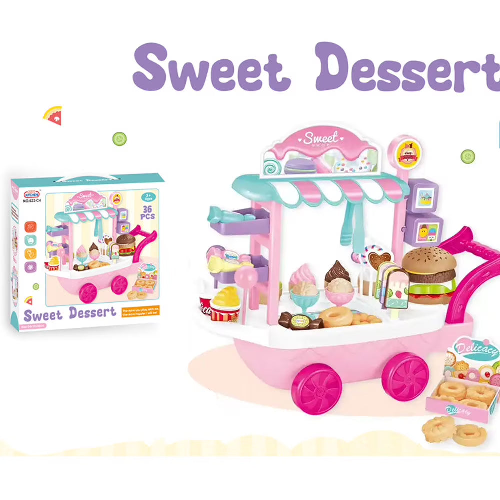 Dessert Candy Trolley Kitchen Toy Set with Umbrella Food Dishes Q30844