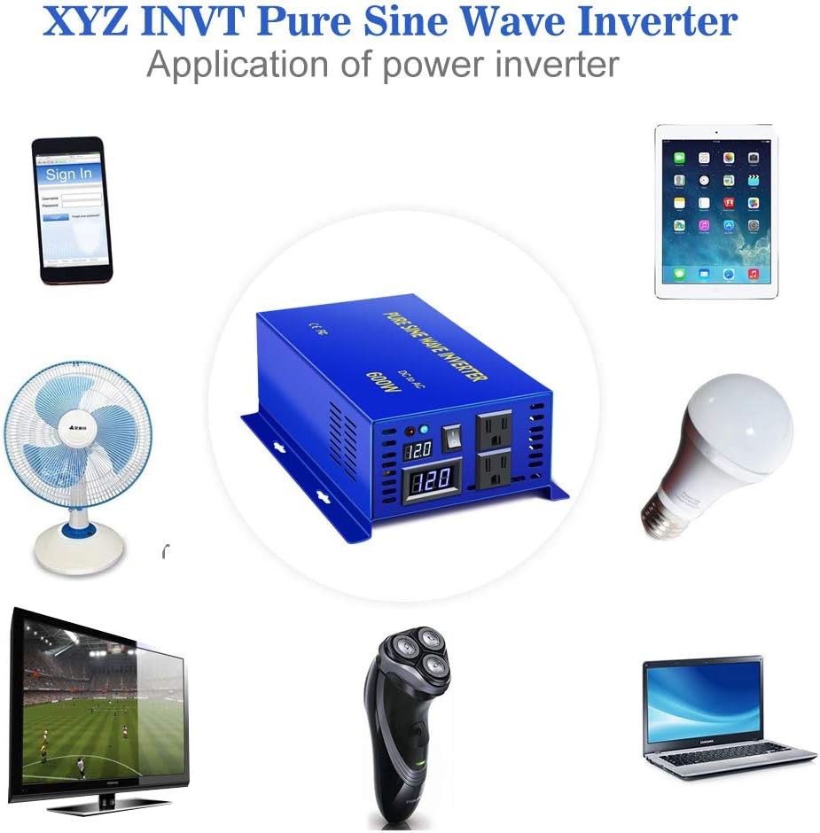 600W Pure Sine Wave Inverter 12v to 110v 120v dc to ac Dual US Plug R4471