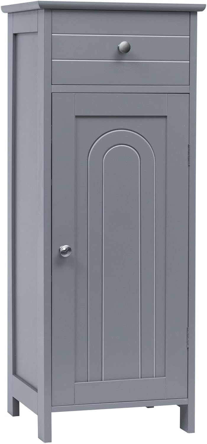White Wooden Floor Cabinet with Single Door, Large Drawer, and 2 Adjustable Shelves B289526