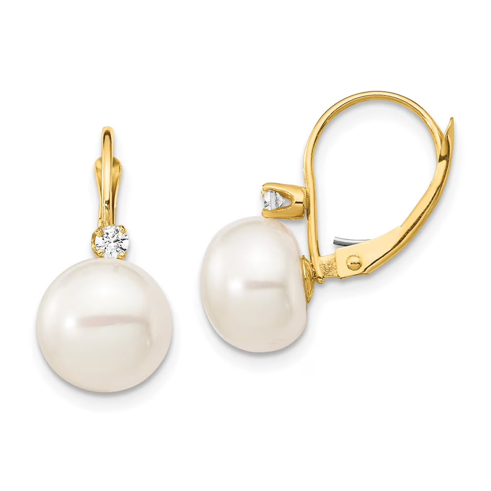 14k Gold White Freshwater Cultured Pearl Diamond Leverback Earrings M978197