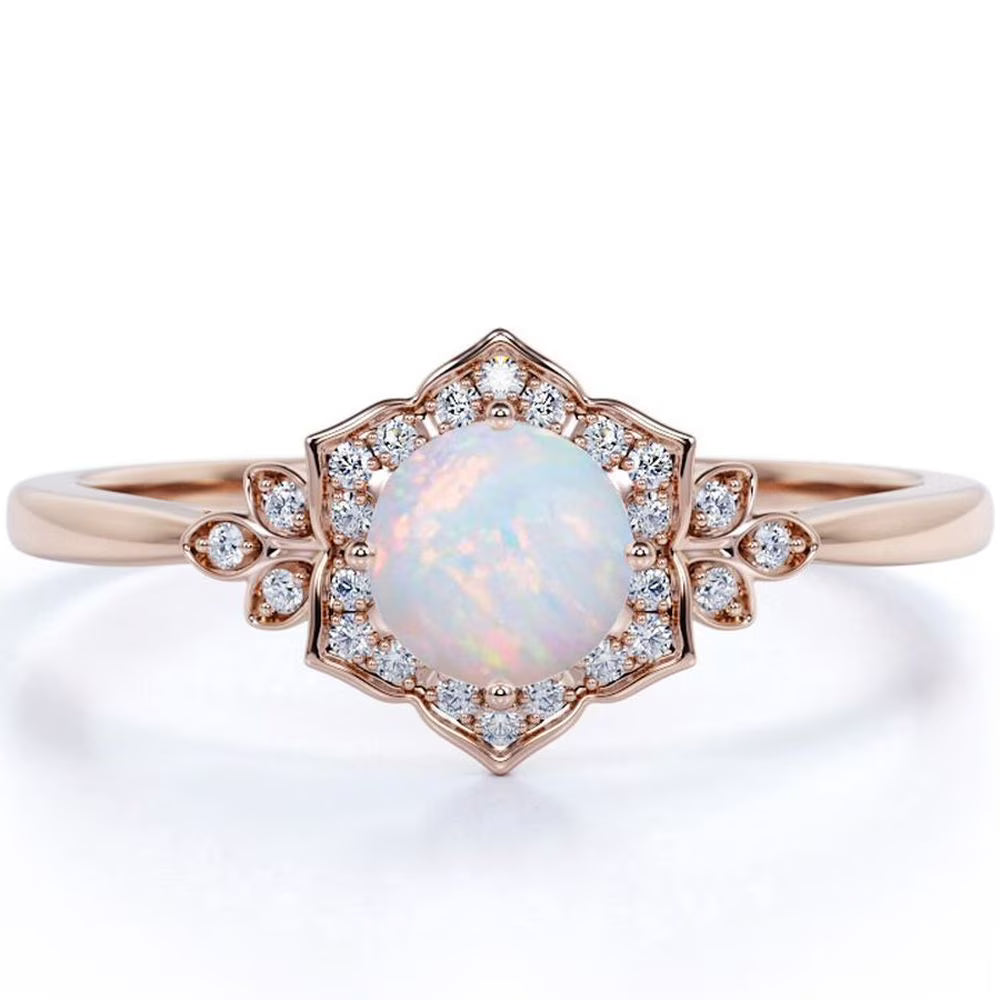 Vintage 1.75 ct Round Ethiopian Opal and Moissanite Engagement Ring in 18K Rose Gold over Silver M3121